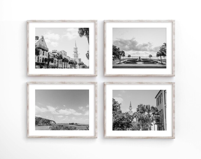 Charleston Landscape Wall Art Decor Print or Canvas Set. Black & White Charleston Photography Print Set of 4 for Gallery Wall Home Decor.