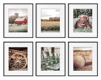 Rustic Farmhouse Wall Art Decor, Set of 6 Print Set, Country Barn Landscape Photography, Red Green & Beige Farmhouse Print or Canvas Set.