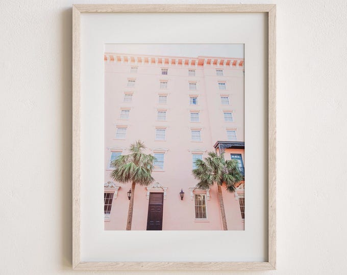 Charleston Charm Wall Art Print or Canvas Decor. Charleston Pink Architecture Photography Large Canvas Art. Pink Coastal Hotel Nursery Art.