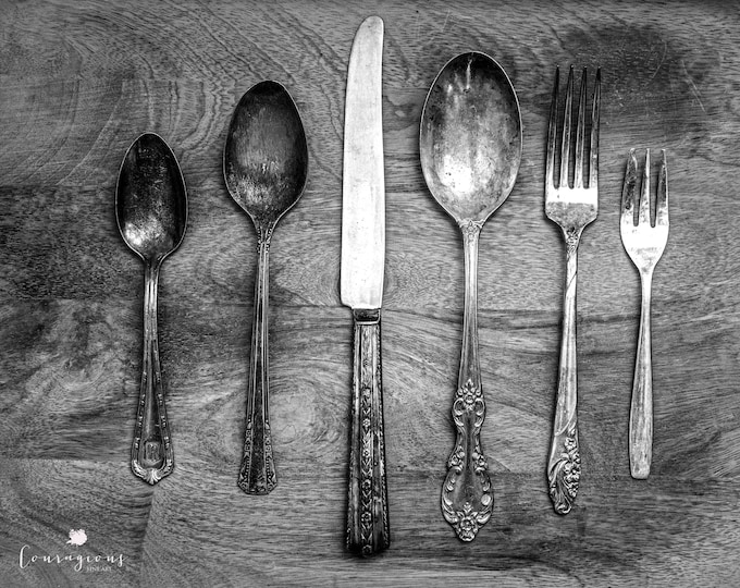 Vintage Silverware Photography Print, Farmhouse Decor, Rustic Kitchen Print, Framed Print, Framed Farmhouse Art, Dining Room Art, Canvas Art