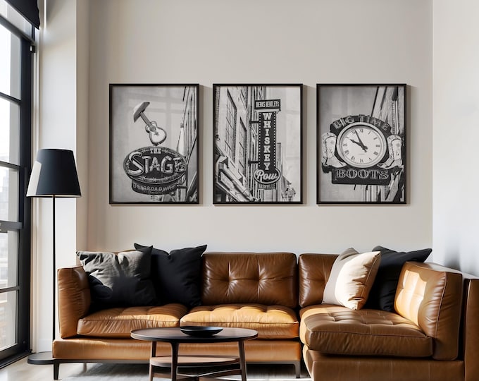 Nashville Print Set of 3. Black & White Nashville Photography Wall Art. Vintage Rustic Nashville Sign Art Prints. Matted Prints Available.
