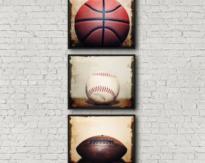Sports Photography Print Set, Baseball, Football, Basketball Art, Boys Room Decor, Framed Sports Prints, Sports Canvas Set, Game Room Art