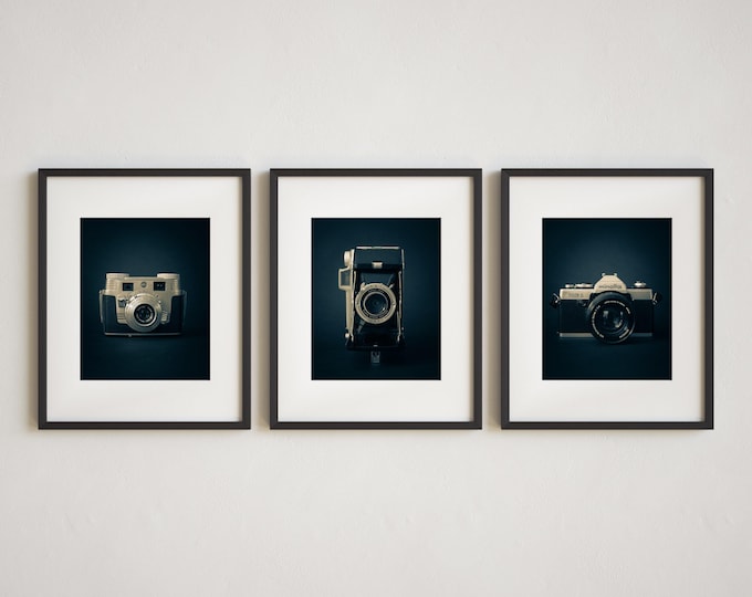 Vintage Cameras Wall Art Print or Canvas Set. Retro Mid Century Art for Industrial Decor or Game Room. Camera Art for Movie Room or Office.