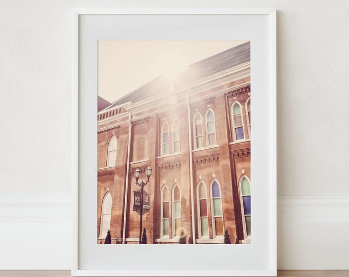 Nashville Wall Art Print or Canvas. The Ryman Nashville Photography Print featuring the Stained Glass Windows and the Sun over The Ryman.
