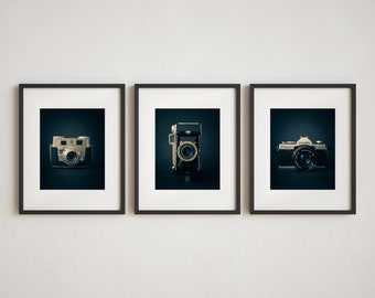 Vintage Cameras Wall Art Print or Canvas Set. Retro Mid Century Art for Industrial Decor or Game Room. Camera Art for Movie Room or Office.