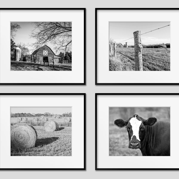 Farm Photography Print Set, Farmhouse Home Decor, Set of 4, Black and White Farm Wall Art, Barn, Cow, Also Available on Canvas, Metal & Wood