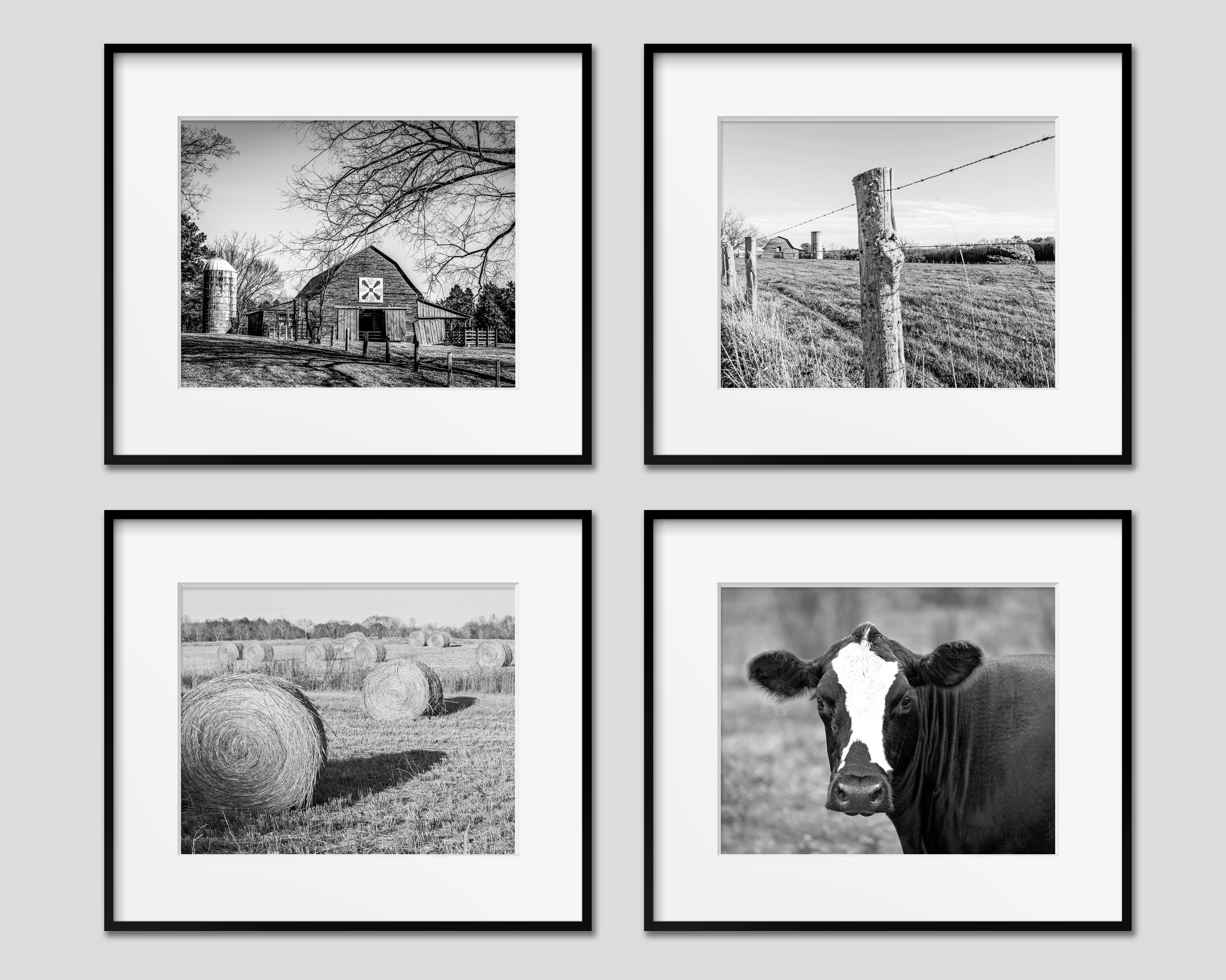 Farm Photography Print Set, Farmhouse Home Decor, Set of 4, Black and
