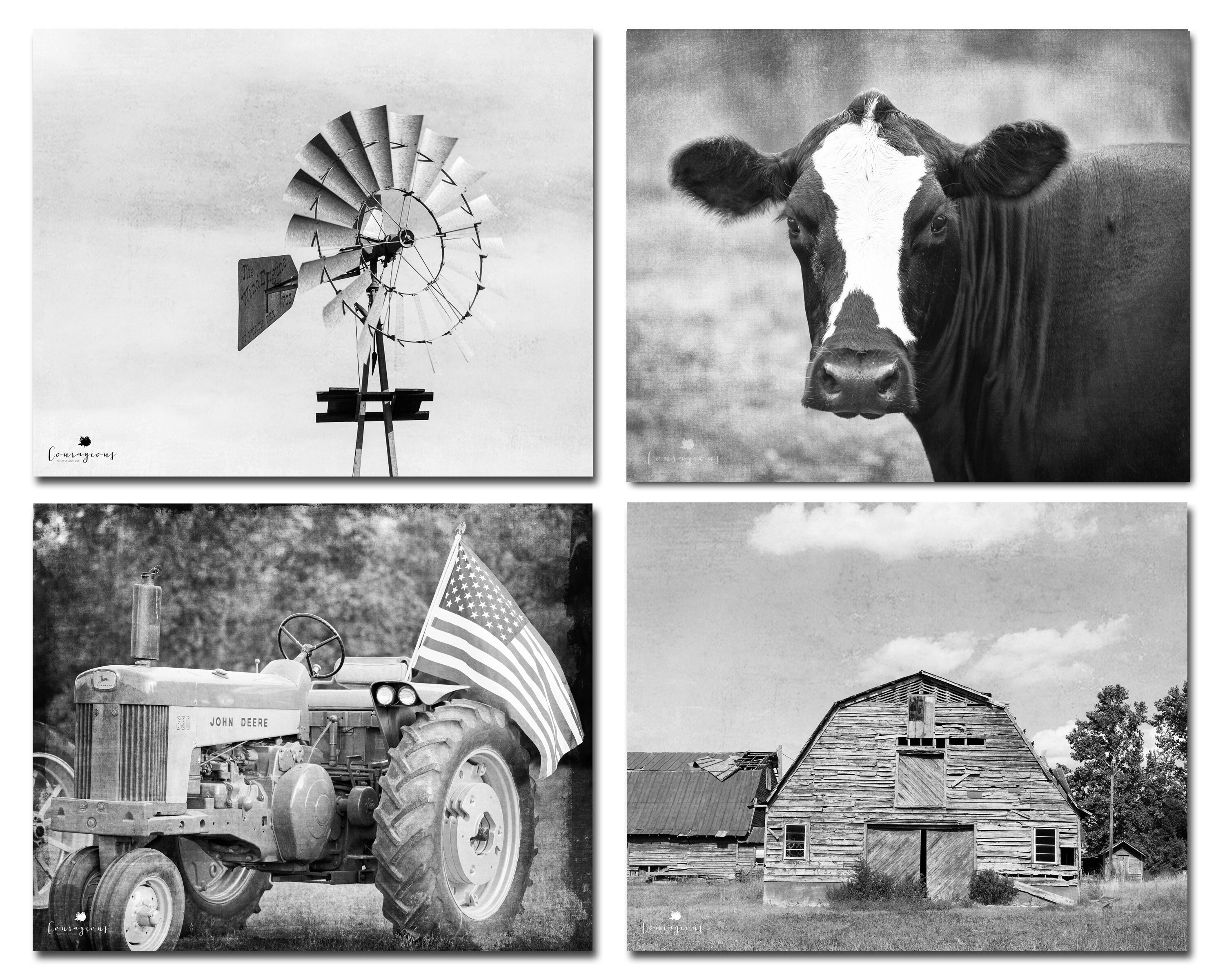 Farm Photography Print Set, Farmhouse Home Decor, Set of 4, Black and