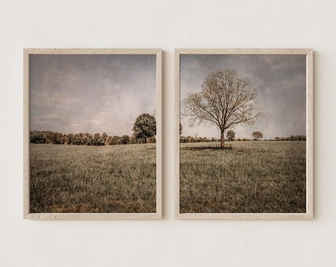 Vintage Landscape Wall Art Print with Neutral Tones and Vintage Textures. Moody Tree Landscape Countryside Wall Art Print & Canvas Set.