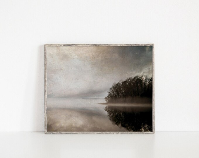 Vintage Farmhouse Art Print Landscape Wall Art Decor with Muted Colors and Vintage Textures. Neutral Tones Moody Lake Art Print & Canvas.