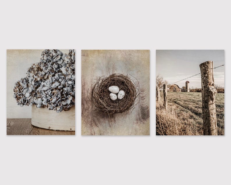 Beige Country Wall Art Decor, Set of 3, Blue Gray Farm Photography Prints, Rustic Home Decor, Canvas, Wood and Metal Prints Available image 3