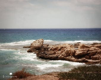 Coastal Landscape Photography, Israel Beach Print, Beach House Decor, Mediterranean Sea Israel, Blue Ocean Print, Framed Ocean Print, Canvas