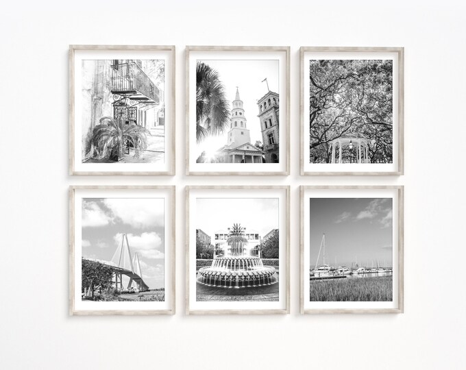 Charleston Wall Art Print or Canvas Set. Black & White Charleston Gallery Art Prints featuring the Pineapple Fountain and the Battery Oaks.