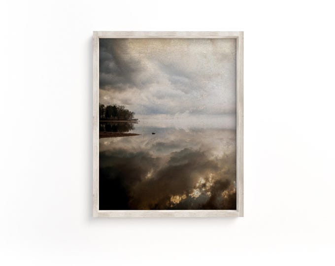 Moody Lake Landscape Wall Art Decor with Neutral Tones and Vintage Textures. Vintage Transitional Waterscape Wall Art Print and Canvas.