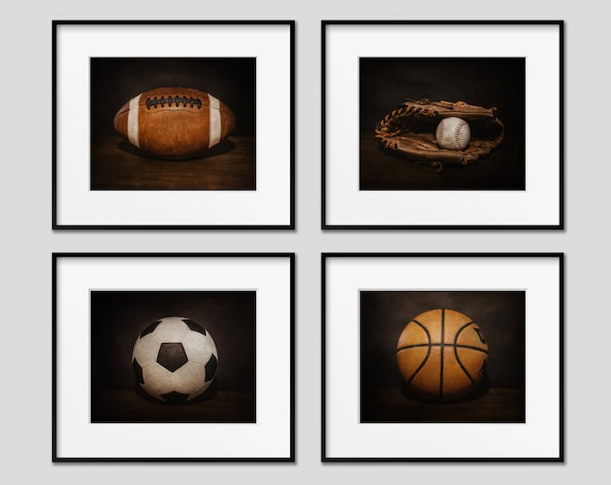 Vintage Sports Wall Art Print or Canvas Set. Sports Photography Decor for Wall Art Gallery in Boys Room. Rustic Football Baseball Soccer Art