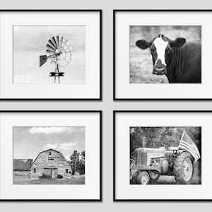 Farm Photography Wall Art Print or Canvas Set of 4. Modern Farmhouse Photography. Black & White Barn Landscape with Cow and Tractor Wall Art