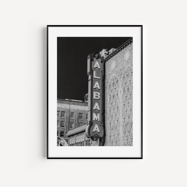 Alabama Sign Wall Art Print or Canvas. Black & White Birmingham Alabama Theatre Art. Alabama Art Print for Loft or Industrial Decor.