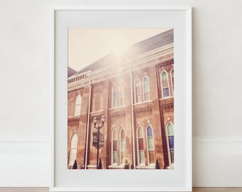 Nashville Wall Art Print or Canvas. The Ryman Nashville Photography Print featuring the Stained Glass Windows and the Sun over The Ryman.