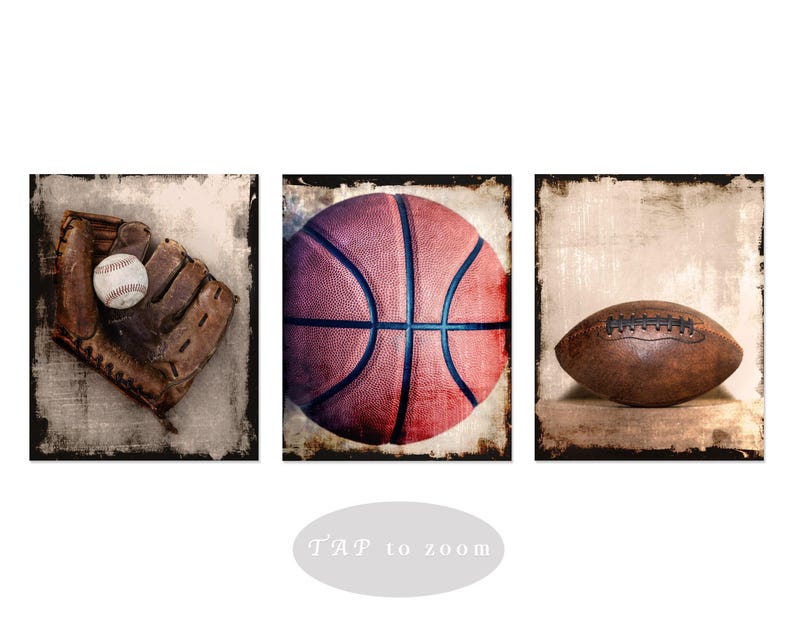 Sports Wall Art Prints or Canvas Set of 3. Vintage Rustic Baseball Football & Basketball Photography Wall Decor for Boys Room or Man Cave. image 5