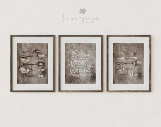 Farmhouse Kitchen Decor Print or Canvas Set. Country Kitchen Wall Art. Vintage Silverware & Gather Sign Print for Modern Farmhouse.