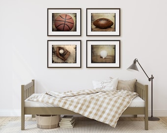Sports Wall Art Prints or Canvas Decor. Vintage Baseball, Football, Basketball & Golf Wall Art for Boys Room or Man Cave Rustic Wall Decor.