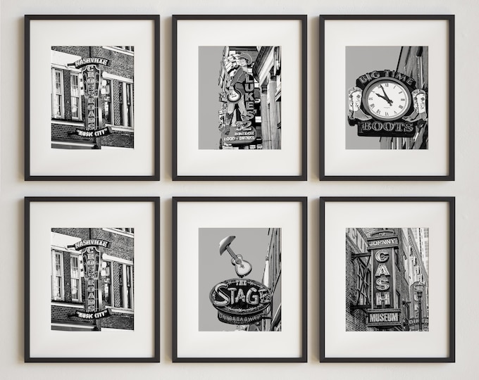 Nashville Signs Print Set. Nashville Tennessee Photography Wall Art Decor. Black & White Nashville Prints for Gallery Wall. Discounted Set.