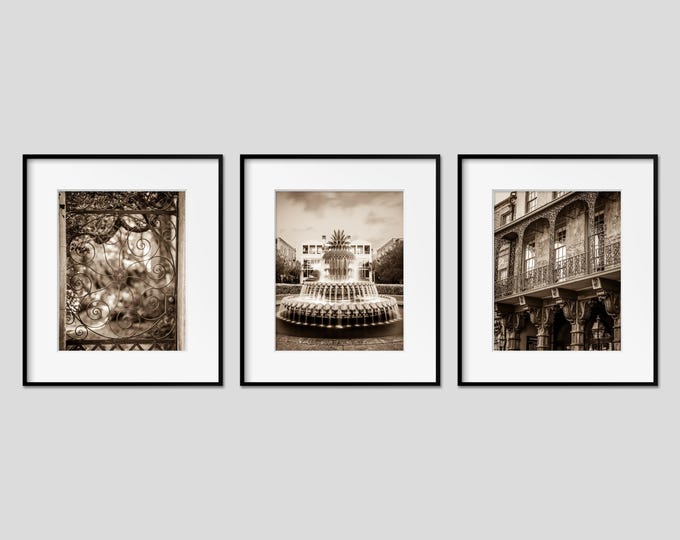 Sepia Charleston Wall Art Decor Print or Canvas Set. Neutral Decor of Charleston Gates & Wrought Iron Architecture Print Set. Gift for Her.