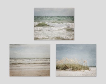 Beach Wall Art, Set of 3 Photography Prints, Blue Green Nautical Decor, Neutral Beach Decor, Coastal Art, Rustic Beach Canvases, Wood Prints