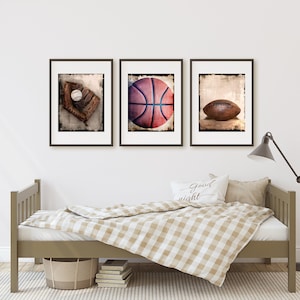 Sports Wall Art Prints or Canvas Set of 3. Vintage Rustic Baseball Football & Basketball Photography Wall Decor for Boys Room or Man Cave. image 3