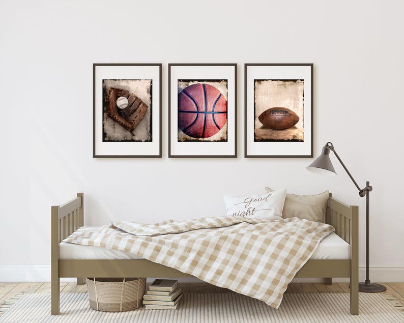 Sports Wall Art Prints or Canvas Set of 3. Vintage Rustic Baseball Football & Basketball Photography Wall Decor for Boys Room or Man Cave. image 3
