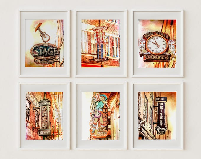 Bright & Colorful Nashville Signs Gallery Wall Art Prints or Canvas Set. Vibrant Music City Wall Art for Game Room, Man Cave or Office.
