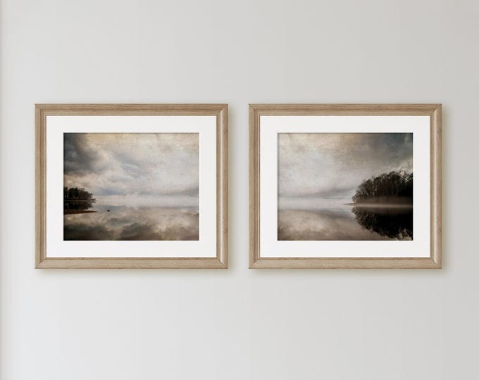 Vintage Farmhouse Wall Art Prints with Neutral Tones and Vintage Textures. Moody Lake Landscape with Muted Colors Art Print & Canvas Set.