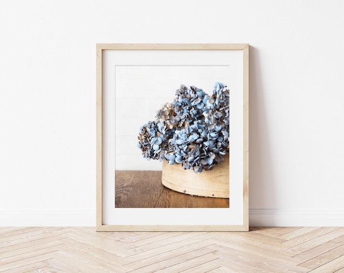 Rustic Country Blue Floral Photography Print or Canvas. Farmhouse Wall Art. Shabby Chic Flower Print for Bathroom, Bedroom, Gift for Her.