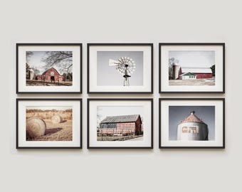 Modern Farmhouse Print Set Wall Art. Rustic Country Wall Art for American Farmhouse Decor. Artistic Textured Barn Landscape Prints.