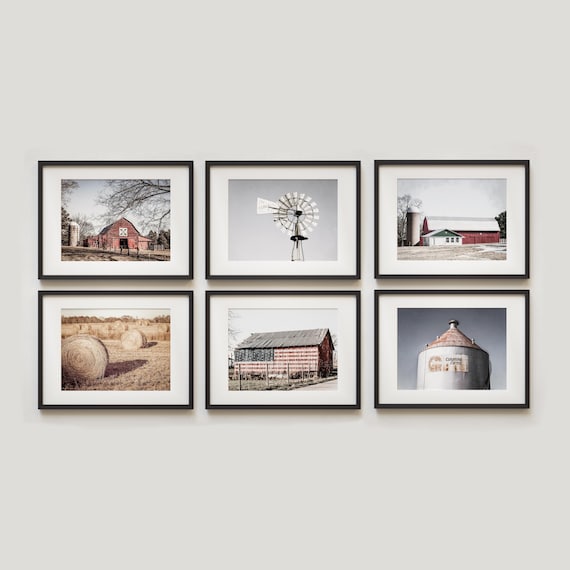 Modern Farmhouse Print Set Wall Art. Rustic Country Wall Art for American Farmhouse Decor. Artistic Textured Barn Landscape Prints.