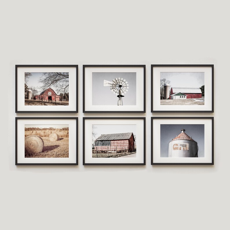 Modern Farmhouse Print Set Wall Art. Rustic Country Wall Art for American Farmhouse Decor. Artistic Textured Barn Landscape Prints. imagem 1