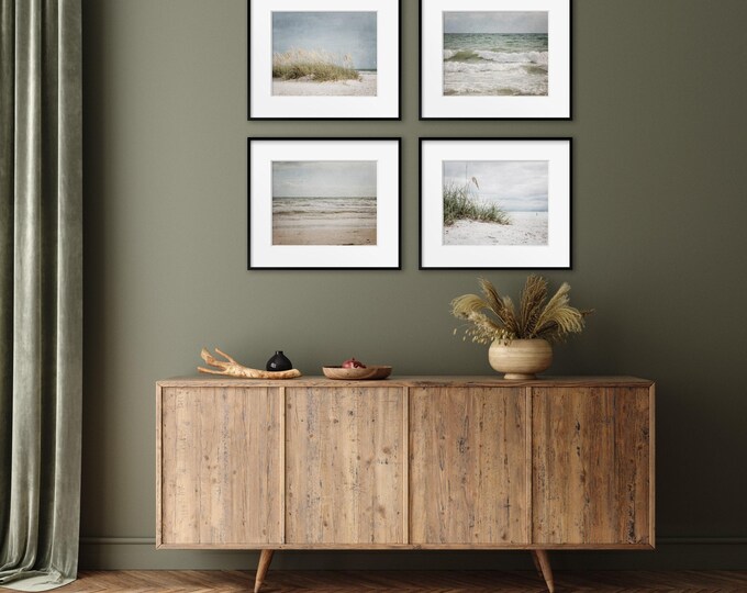 Rustic Beach Photography Wall Art Print or Canvas Set of 4. Elegant Vintage Style Coastal Beach Wall Decor w/ Neutral Color Tones.