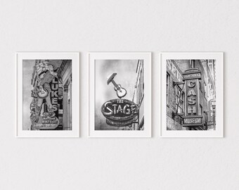 Iconic Nashville Signs Wall Art Prints or Canvas Set of 3. Painterly Nashville Photography Signs from The Stage, Luke's & Johnny Cash Museum