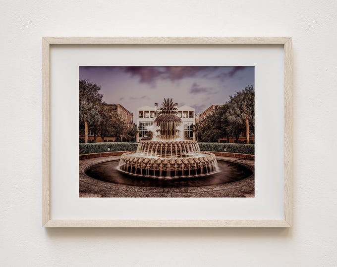 Moody Fountain Wall Art Print or Canvas Print. Charleston Pineapple Fountain Night Photography Print. Taupe & Gold Rustic Modern Wall Decor.