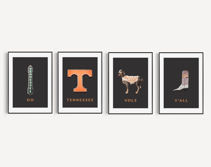 Tennessee Vols Decor Art Print Set. UT Print Set of 4 Wall Art for Man Cave or Game Room. Tennessee Vols Art Prints. Country Chic Art.