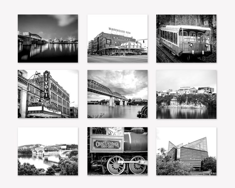 Chattanooga Wall Art Print or Canvas Set of 9. Chattanooga Photography Wall Art Decor. Black & White Art for Gallery Wall Discounted Set. image 4