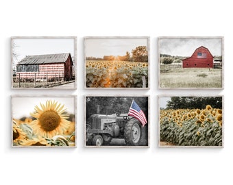 Sunflower & American Flag Farmhouse Wall Decor. Set of 6 Country Barn and Sunflower Field Landscape Art Prints for Modern Farmhouse Decor.