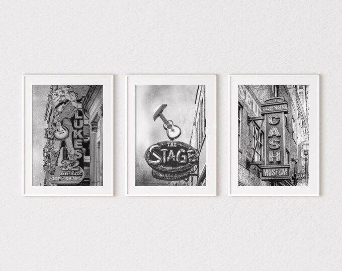 Iconic Nashville Signs Wall Art Prints or Canvas Set of 3. Painterly Nashville Photography Signs from The Stage, Luke's & Johnny Cash Museum