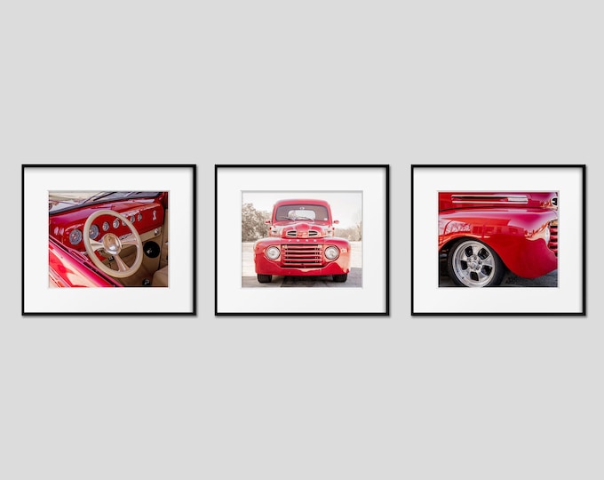 Vintage Truck Wall Art Print or Canvas Decor. Red Ford Truck Photography Print Set for Garage or Boys Room. Retro Decor for Industrial Decor