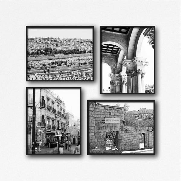 Jerusalem Photography Prints, Israel Wall Art, Black & White, Jaffa Gate, Gethsemane, Church of All Nations, Old City, Jerusalem Canvas Set