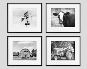 Farm Photography Wall Art Print or Canvas Set of 4. Modern Farmhouse Photography. Black & White Barn Landscape with Cow and Tractor Wall Art