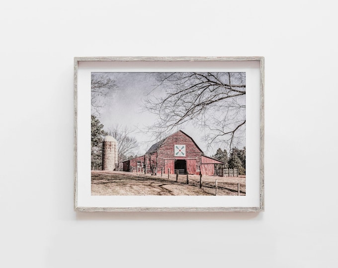 Barn Landscape Wall Art Print or Canvas for Modern Farmhouse Decor. Red Barn & Silo Landscape Photography. Rustic Modern Barn Print.