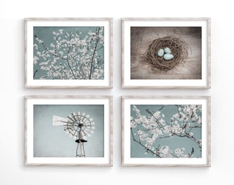 Spring Floral Farmhouse Wall Art Print Set. Shabby Chic Country Floral Art Prints. Turquoise Blue and White Modern Farmhouse Wall Decor.