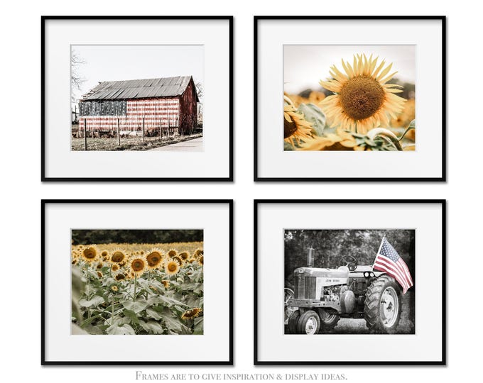 American Flag & Sunflower Field Wall Art. Rustic Americana Home Decor. Set of 4 Photography Prints. Patriotic Farmhouse Canvas or Prints.