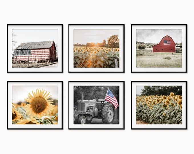 Farmhouse Photography Wall Art Print Set. Patriotic American Flag Barn Art. Sunflower Field Prints for Modern Farmhouse 4th of July Decor.